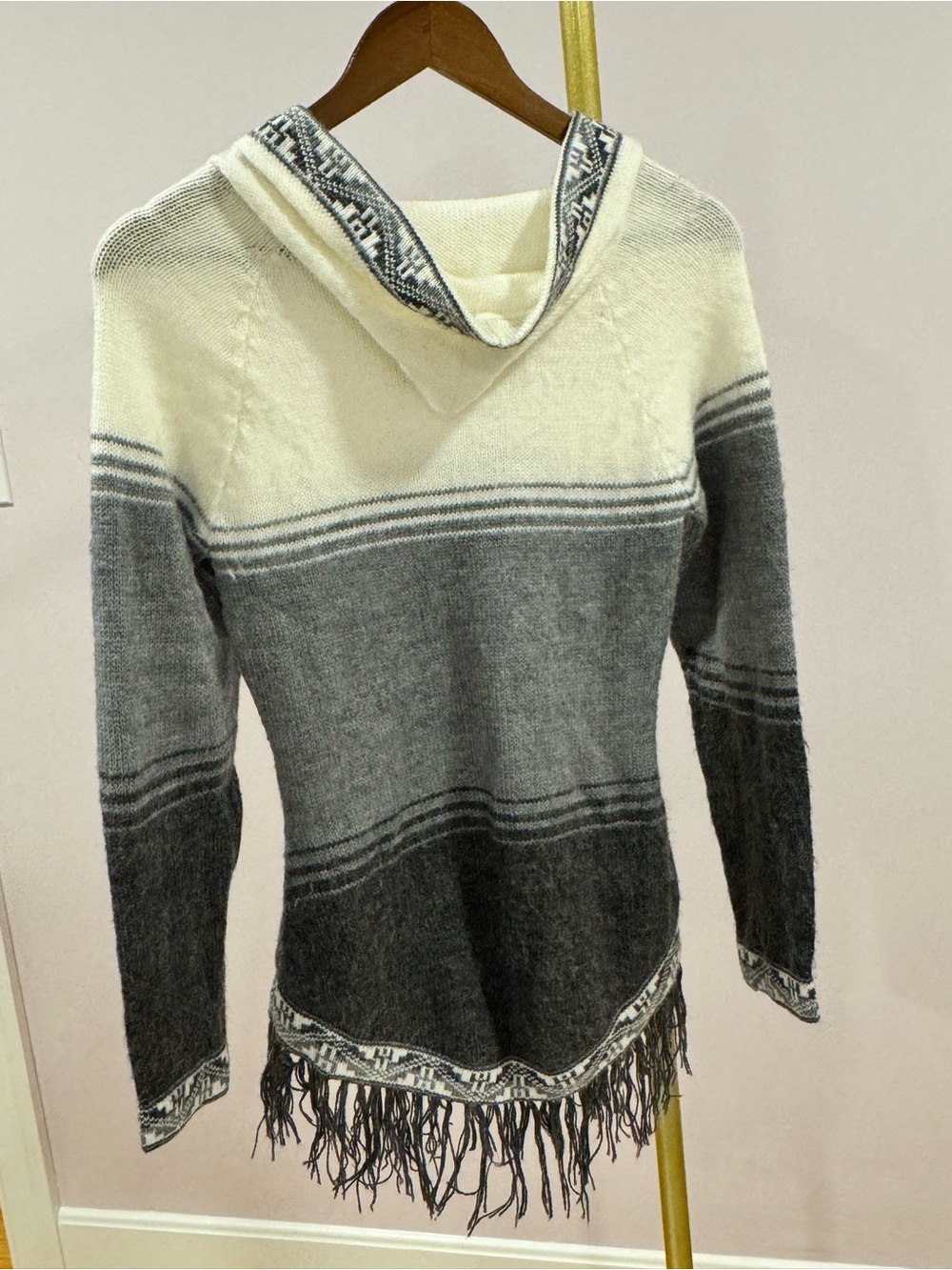 Boho Fringe Sweater Tunic Gray Ivory Lace-Up Knit Pullover Women's S/M - Picture 4 of 4